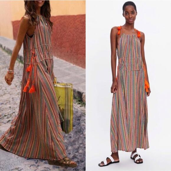 Zara Bright Multicolor Maxi Dress Tassel Straps Checkered Resort Beach Cover Up - Picture 1 of 13